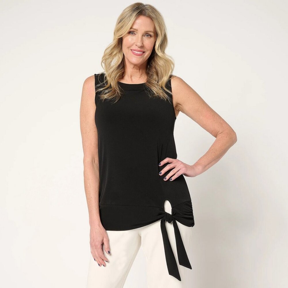 NEW Susan Graver Every Day Liquid Knit Sleeveless Rib Trim Top w/Tie XXS - Black